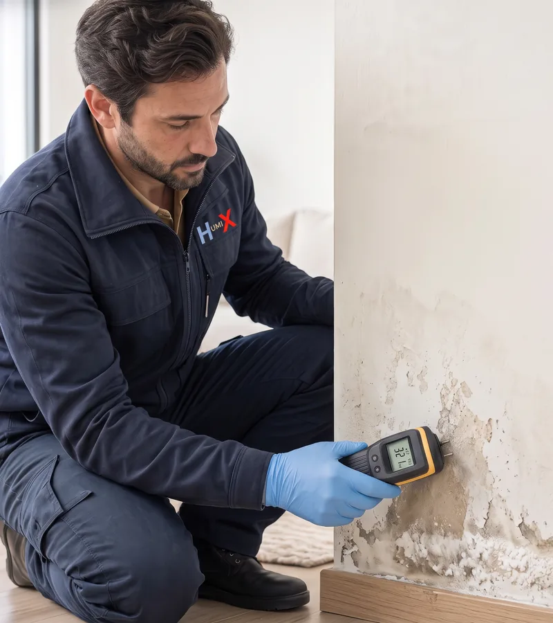 Rising damp and blown plaster at the bottom of a wall in Bristol